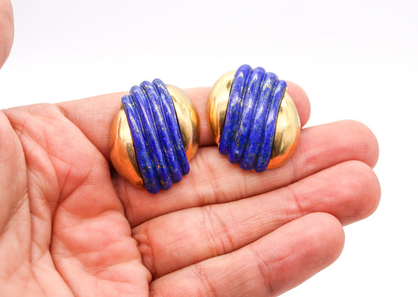 -Cartier 1970 Clips On Earrings I 18Kt Yellow Gold With Fluted Lapis Lazuli