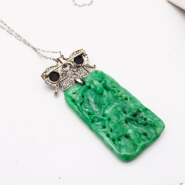 VEVER Paris 1920 Deco Platinum Necklace-Brooch With Jadeite, Diamonds & Onyx