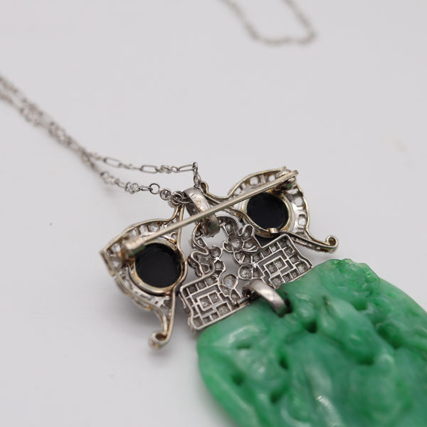 VEVER Paris 1920 Deco Platinum Necklace-Brooch With Jadeite, Diamonds & Onyx
