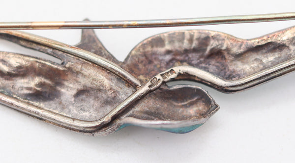 AUSTRIAN 1900 Art Nouveau Fire-Enamel Flying Pigeon In Sterling With Ruby