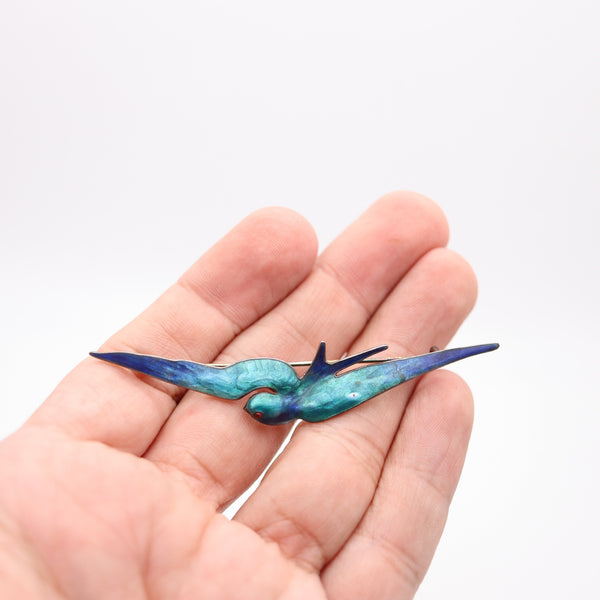 AUSTRIAN 1900 Art Nouveau Fire-Enamel Flying Pigeon In Sterling With Ruby