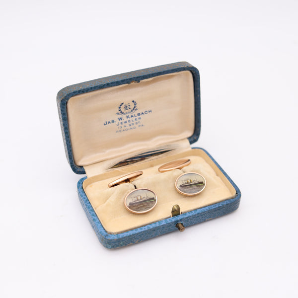 ART-DECO 1930 Antique Nautical Pair Of Steamships Cufflinks In Original Box