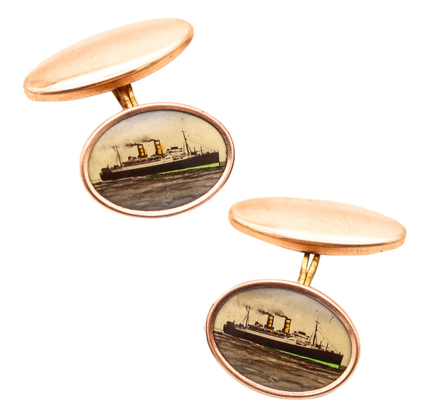 ART-DECO 1930 Antique Nautical Pair Of Steamships Cufflinks In Original Box