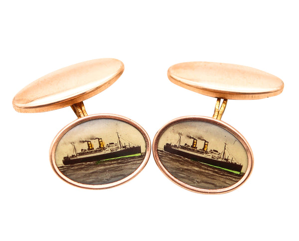 ART-DECO 1930 Antique Nautical Pair Of Steamships Cufflinks In Original Box