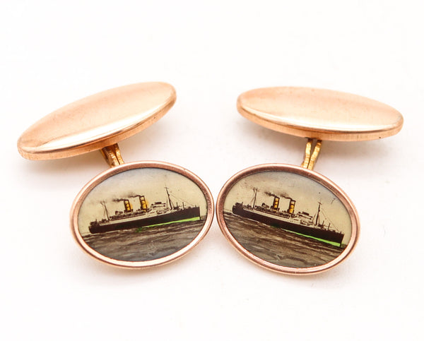 ART-DECO 1930 Antique Nautical Pair Of Steamships Cufflinks In Original Box