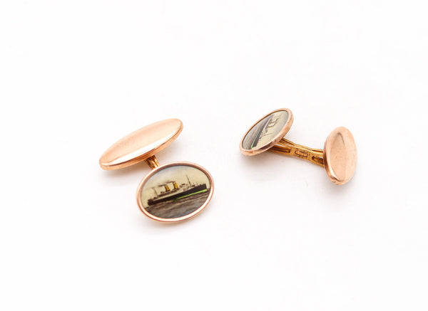 ART-DECO 1930 Antique Nautical Pair Of Steamships Cufflinks In Original Box