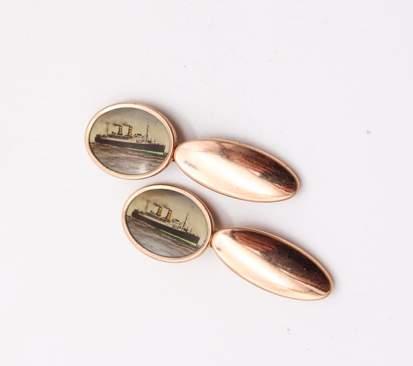 ART-DECO 1930 Antique Nautical Pair Of Steamships Cufflinks In Original Box