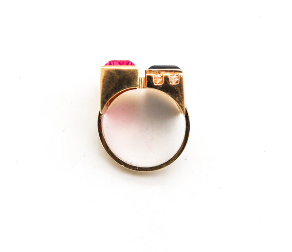 Austria 1970 Modernist Geometric Ring In 14Kt Gold With Pink & Blue Tourmalines