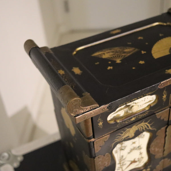 JAPAN 1820 Edo Period Black Lacquered & Gilded Tansu Cabinet Chest With Drawers