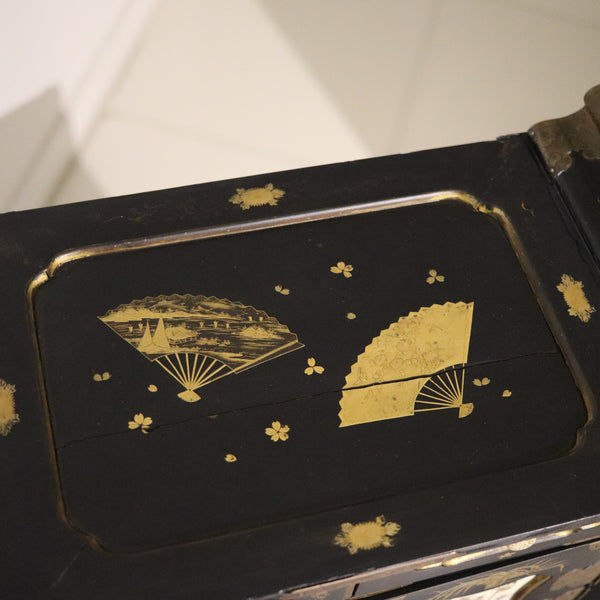 JAPAN 1820 Edo Period Black Lacquered & Gilded Tansu Cabinet Chest With Drawers