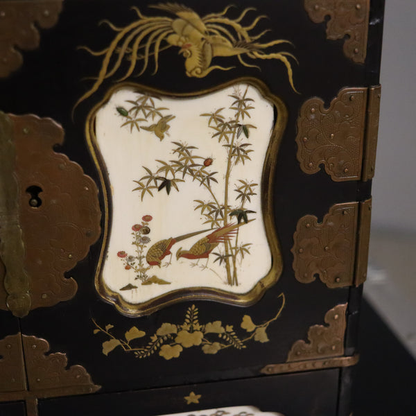 JAPAN 1820 Edo Period Black Lacquered & Gilded Tansu Cabinet Chest With Drawers