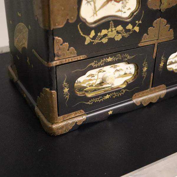 JAPAN 1820 Edo Period Black Lacquered & Gilded Tansu Cabinet Chest With Drawers