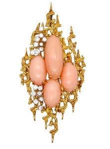 -George Weil 1960 Brutalist Pendant Brooch In 18Kt Gold Diamonds And Corals