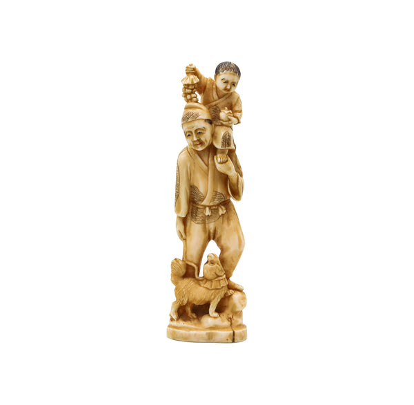 JAPAN 1910 Meiji Okimono Sculpture of a Father a Son And Dog Carved In Ivory