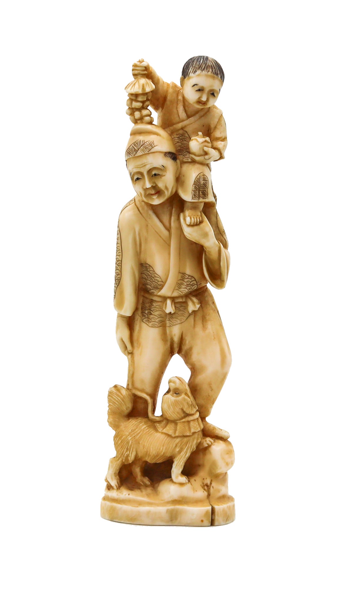 JAPAN 1910 Meiji Okimono Sculpture of a Father a Son And Dog Carved In Ivory