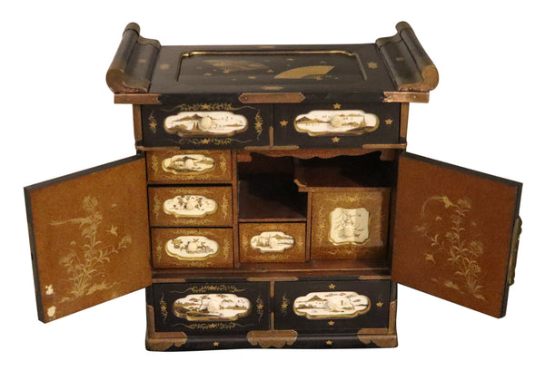 JAPAN 1820 Edo Period Black Lacquered & Gilded Tansu Cabinet Chest With Drawers