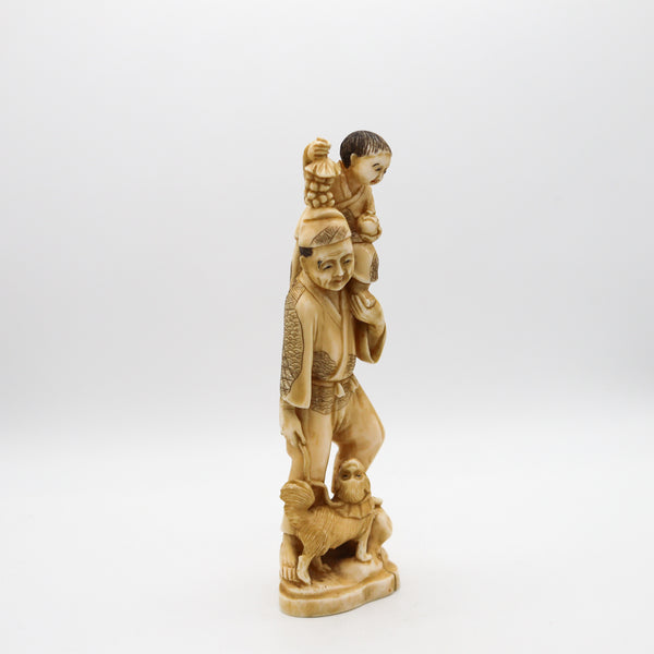 JAPAN 1910 Meiji Okimono Sculpture of a Father a Son And Dog Carved In Ivory