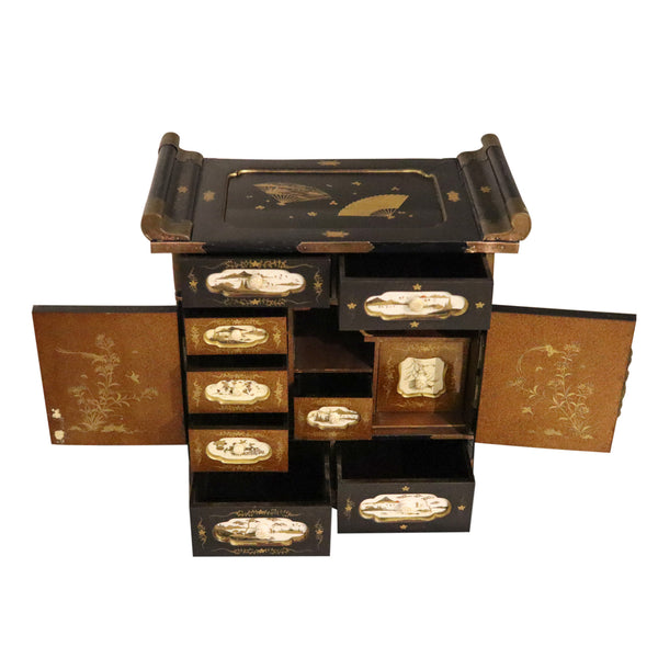 JAPAN 1820 Edo Period Black Lacquered & Gilded Tansu Cabinet Chest With Drawers