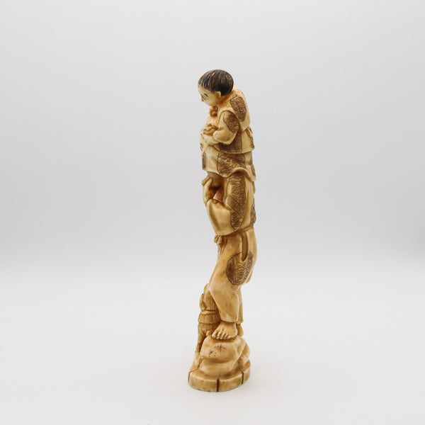 JAPAN 1910 Meiji Okimono Sculpture of a Father a Son And Dog Carved In Ivory