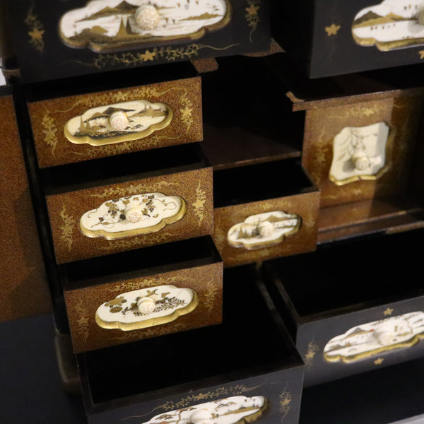 JAPAN 1820 Edo Period Black Lacquered & Gilded Tansu Cabinet Chest With Drawers
