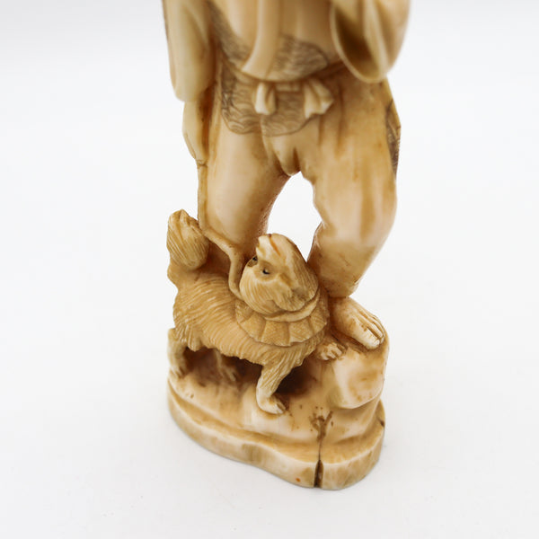 JAPAN 1910 Meiji Okimono Sculpture of a Father a Son And Dog Carved In Ivory