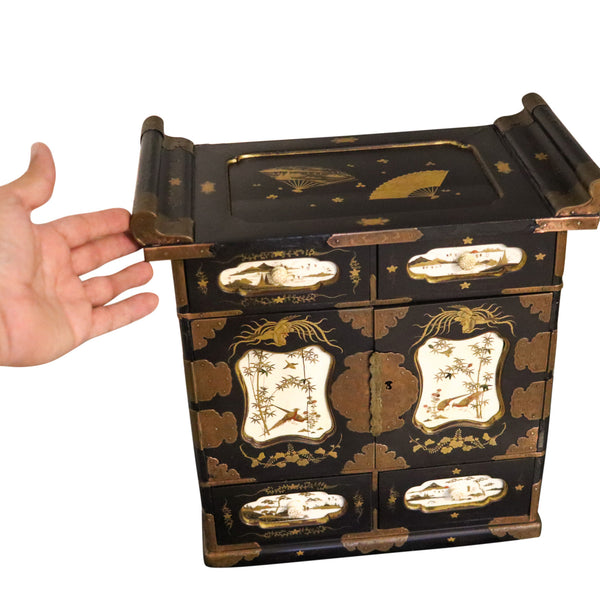JAPAN 1820 Edo Period Black Lacquered & Gilded Tansu Cabinet Chest With Drawers