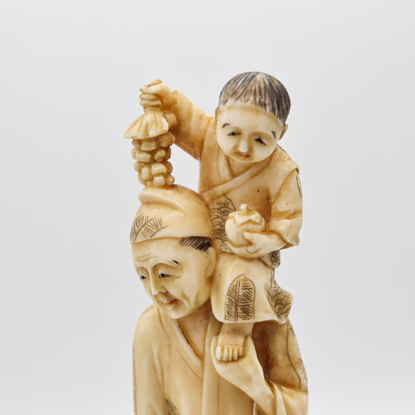 JAPAN 1910 Meiji Okimono Sculpture of a Father a Son And Dog Carved In Ivory