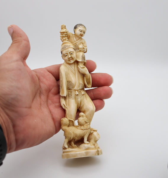 JAPAN 1910 Meiji Okimono Sculpture of a Father a Son And Dog Carved In Ivory