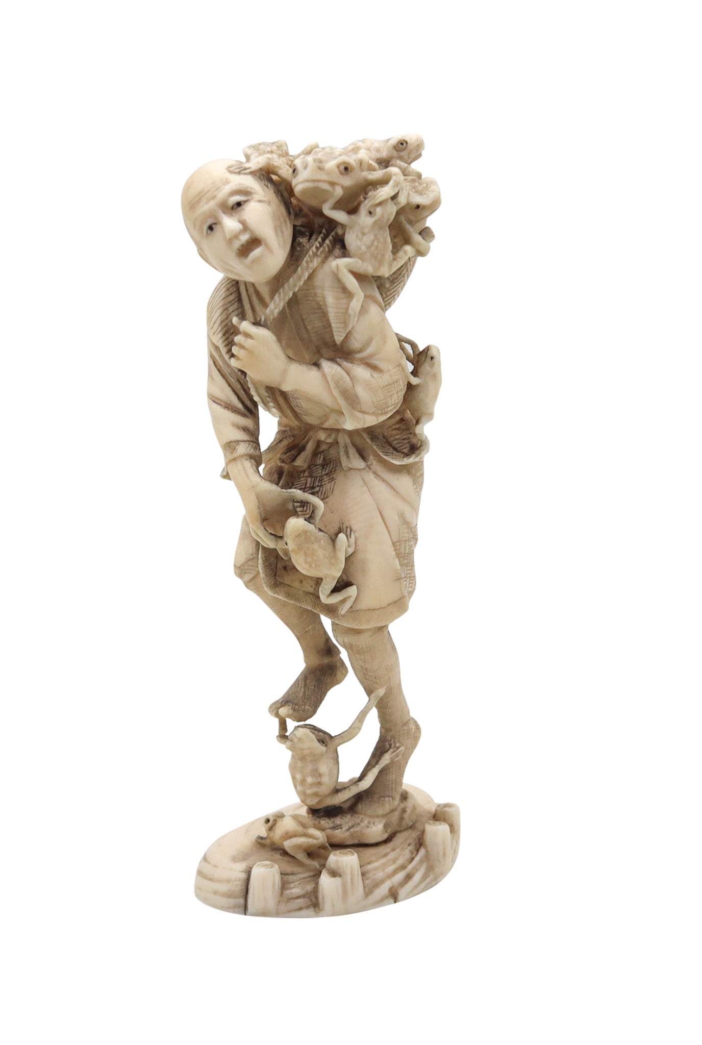 JAPAN 1890 Meiji Okimono Sculpture of a Man With Frogs Carved In Ivory