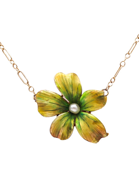 -Art Nouveau Edwardian 1905 Green Enamel Flower Necklace In 14Kt Gold With Pearl