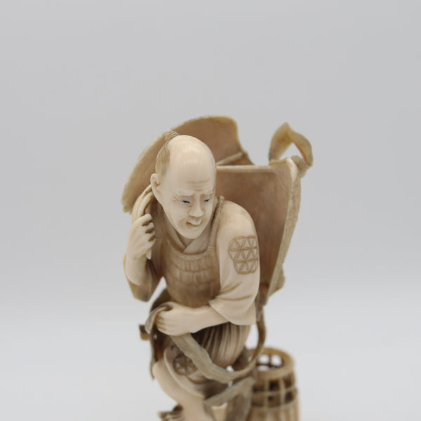 JAPAN 1890 Meiji Okimono Sculpture of a Farmer-Hunter Carved In Ivory