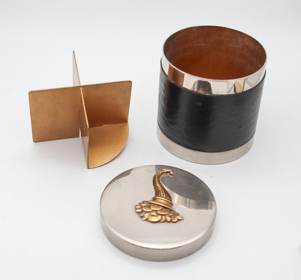 HERMES PARIS 1940 Desk Round Box In Gilt Bronze Nickel Plated & Leather