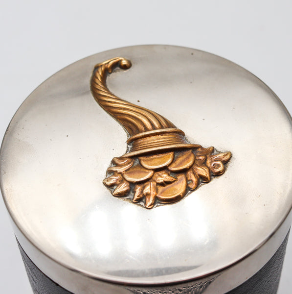 HERMES PARIS 1940 Desk Round Box In Gilt Bronze Nickel Plated & Leather