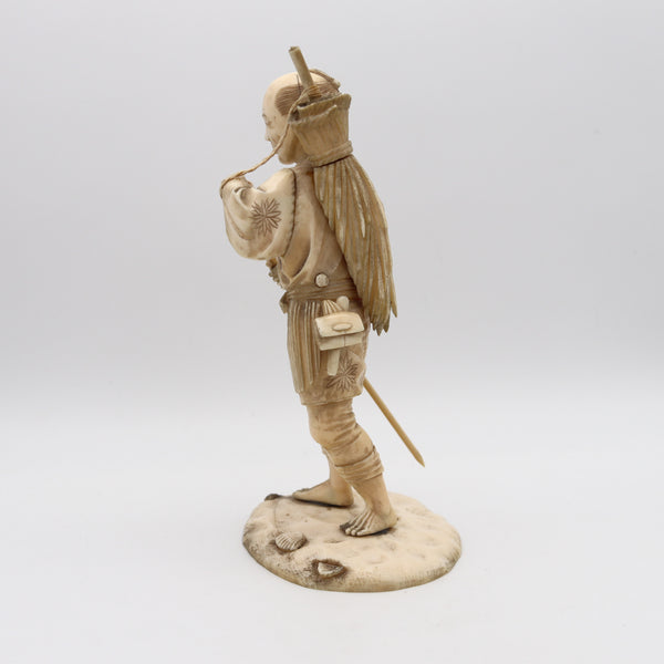 JAPAN 1890 Meiji Okimono Sculpture of a Fisherman Carved In Ivory