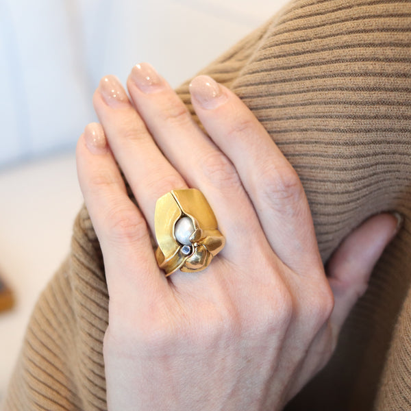 SCANDINAVIAN Modernist Organic Cocktail Ring In 18Kt Gold With Sapphire & Pearl