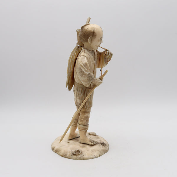 JAPAN 1890 Meiji Okimono Sculpture of a Fisherman Carved In Ivory