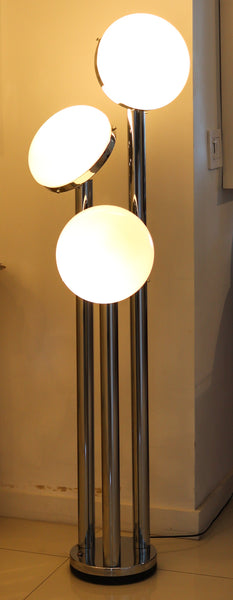 MAZZEGA 1960 Modernist Tall Floor Lamp In Polished Chrome & Milk Glass Globes