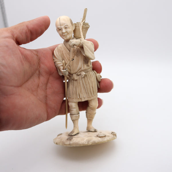 JAPAN 1890 Meiji Okimono Sculpture of a Fisherman Carved In Ivory