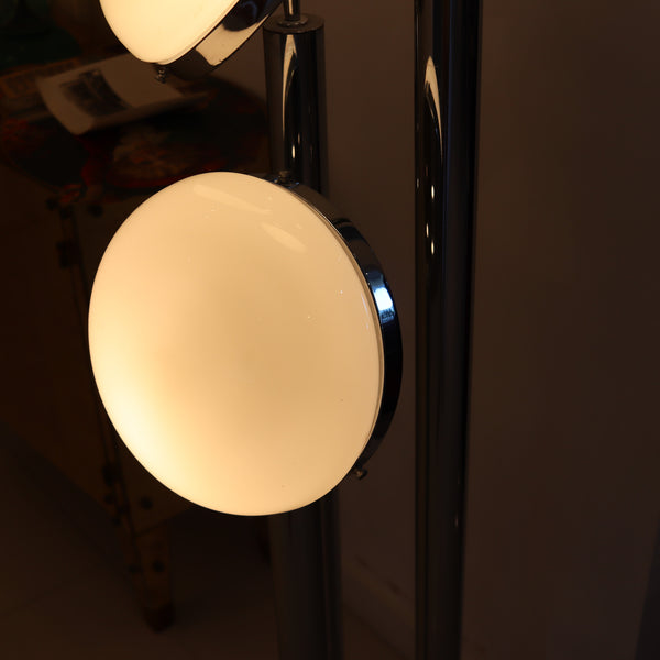 MAZZEGA 1960 Modernist Tall Floor Lamp In Polished Chrome & Milk Glass Globes