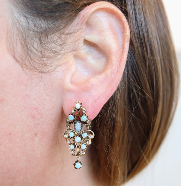 VICTORIAN 1890 Dangle Earrings In 18Kt Yellow Gold Precious-Opals & Diamonds