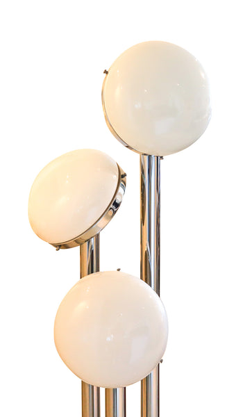 MAZZEGA 1960 Modernist Tall Floor Lamp In Polished Chrome & Milk Glass Globes