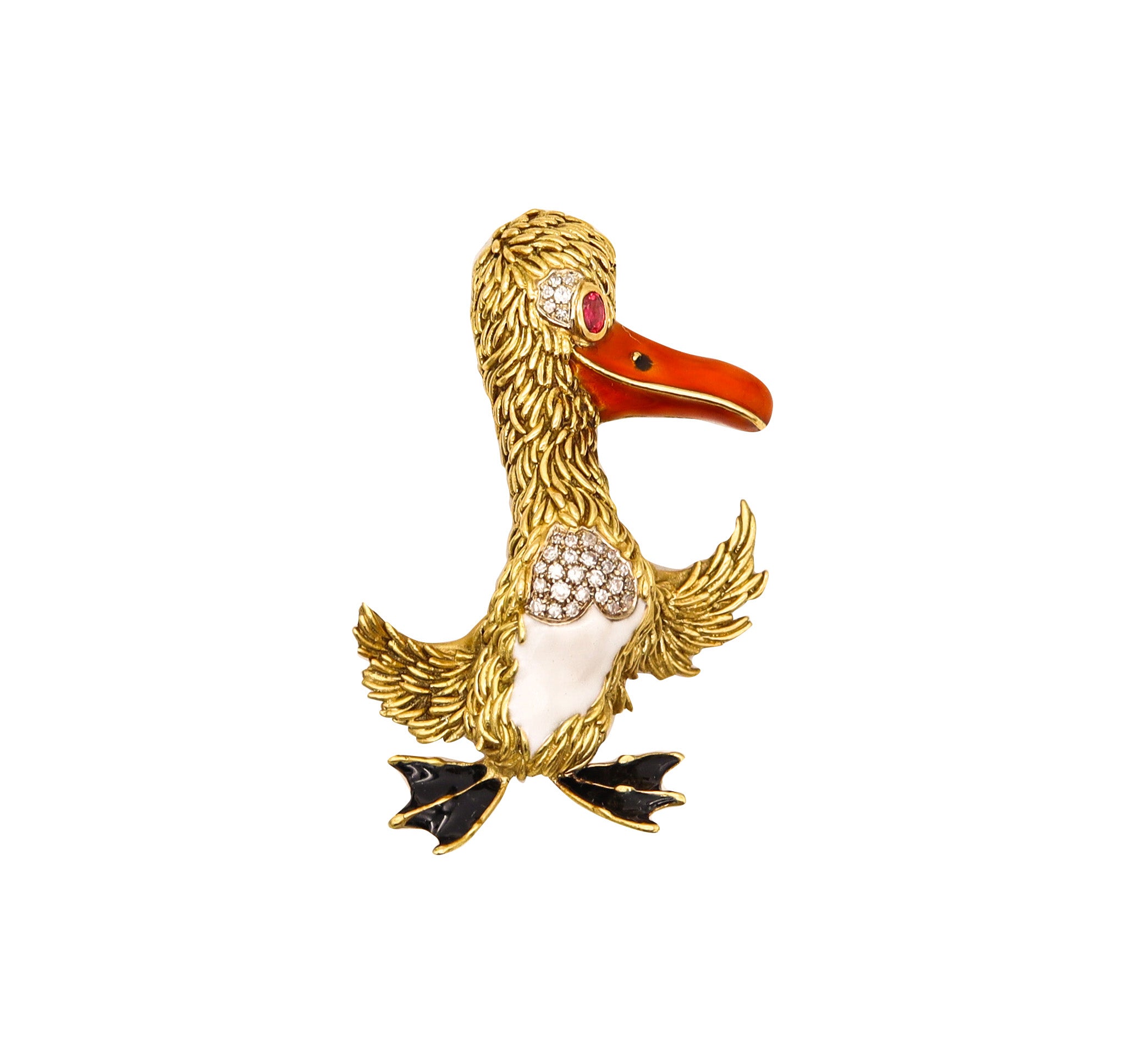 Frascarolo Milano Enameled Pelican Brooch in 18Kt Yellow Gold With Di Treasure Fine Jewelry