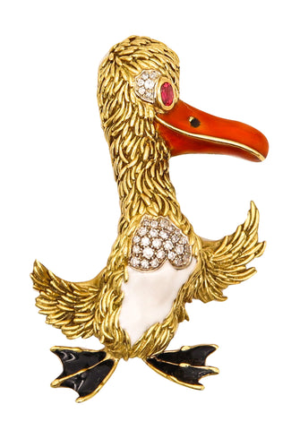 -Frascarolo Milano Enameled Pelican Brooch in 18Kt Yellow Gold With Diamonds And Ruby