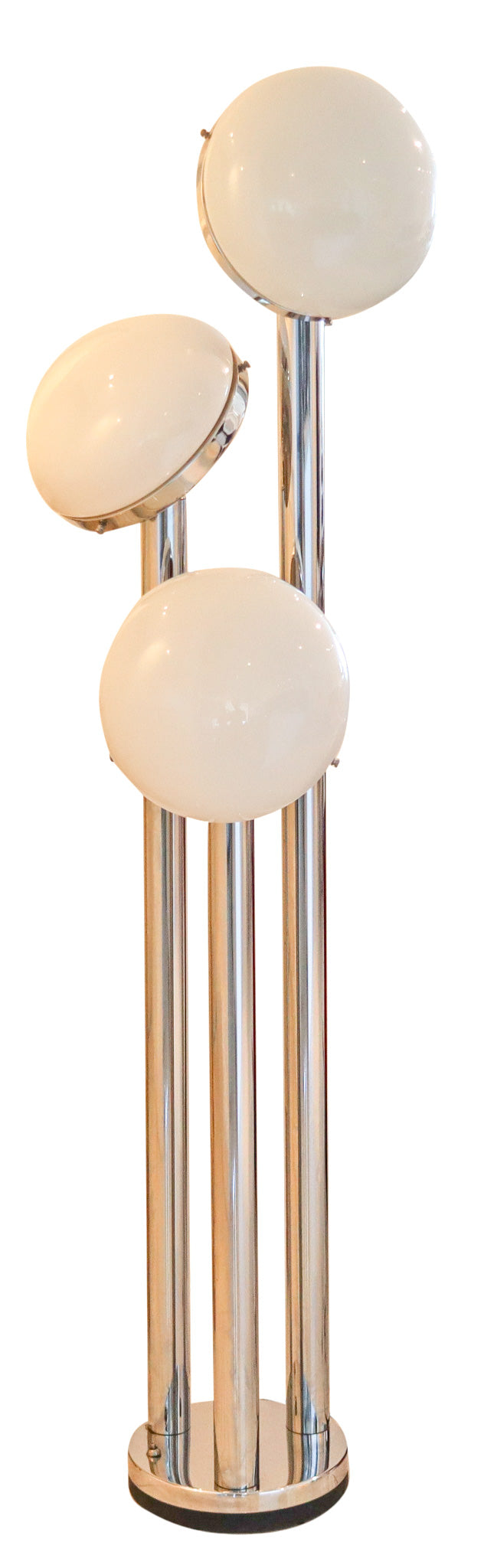 MAZZEGA 1960 Modernist Tall Floor Lamp In Polished Chrome & Milk Glass Globes
