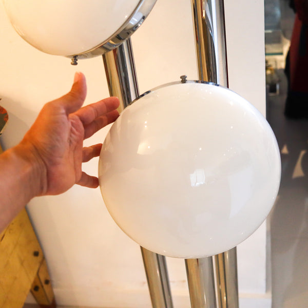 MAZZEGA 1960 Modernist Tall Floor Lamp In Polished Chrome & Milk Glass Globes