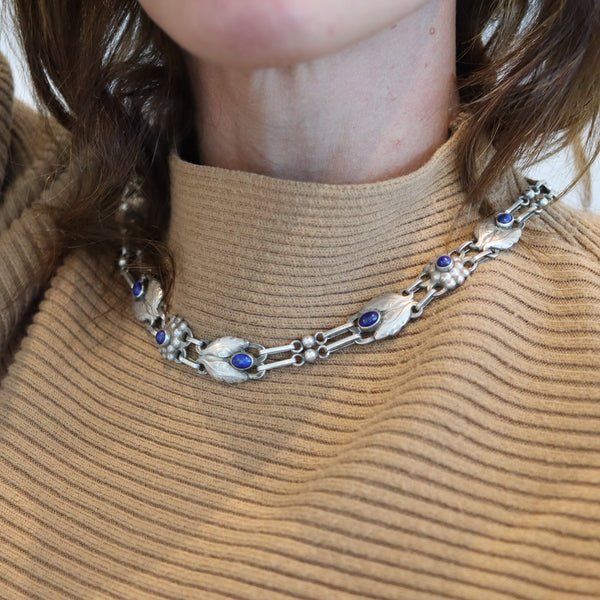 GEORG JENSEN 1905 Rare Art Nouveau Leaves Necklace In .830 Sterling With Lapis