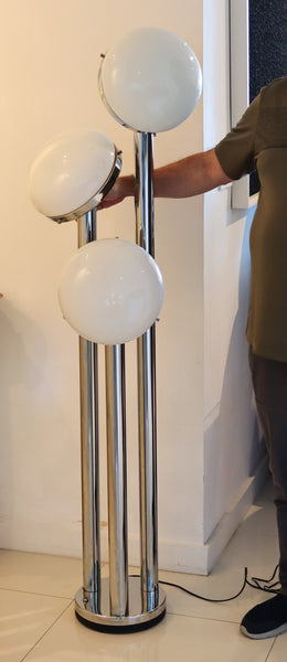 MAZZEGA 1960 Modernist Tall Floor Lamp In Polished Chrome & Milk Glass Globes