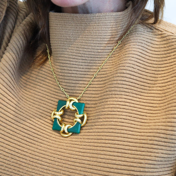 TIFFANY & CO. 1965 Aldo Cipullo Geometric Pendant Brooch In 18Kt Gold Chrysoprase