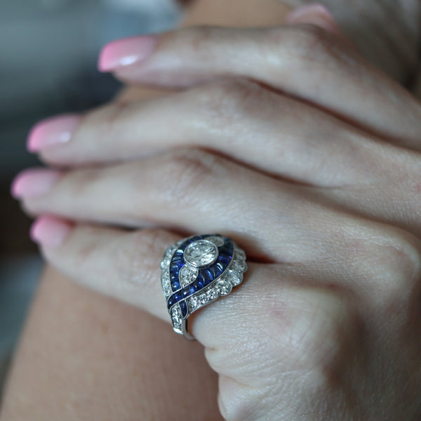 ART DECO 1925-30 Platinum Cocktail Ring With 2.85 Ctw In Diamonds & Sapphires