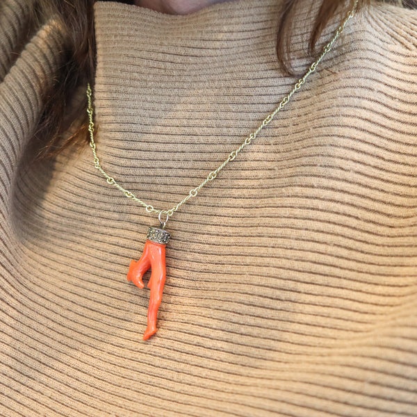 ETRUSCAN REVIVAL 1880 Italian Neapolitan Root-Coral Pendant In 18Kt Yellow Gold
